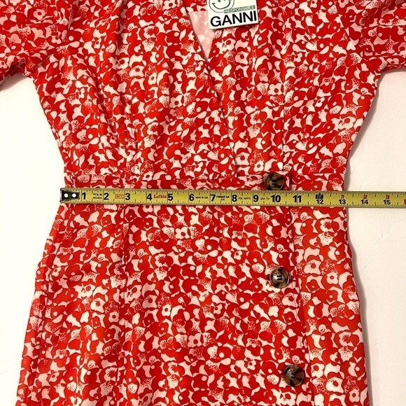 NWT Ganni Dress Abstract Floral Orange Dot Crepe Midi Size 2 - Picture 12 of 15